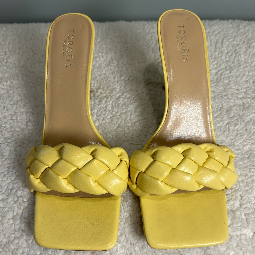 TORGEIS Maraca Open Toe Heels Yellow Braided Size 10 - Picture 3 of 15
